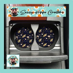Car Coasters Frogs and Flowers Set of 2 Neoprene Absorbent Sassy Hippo Creations